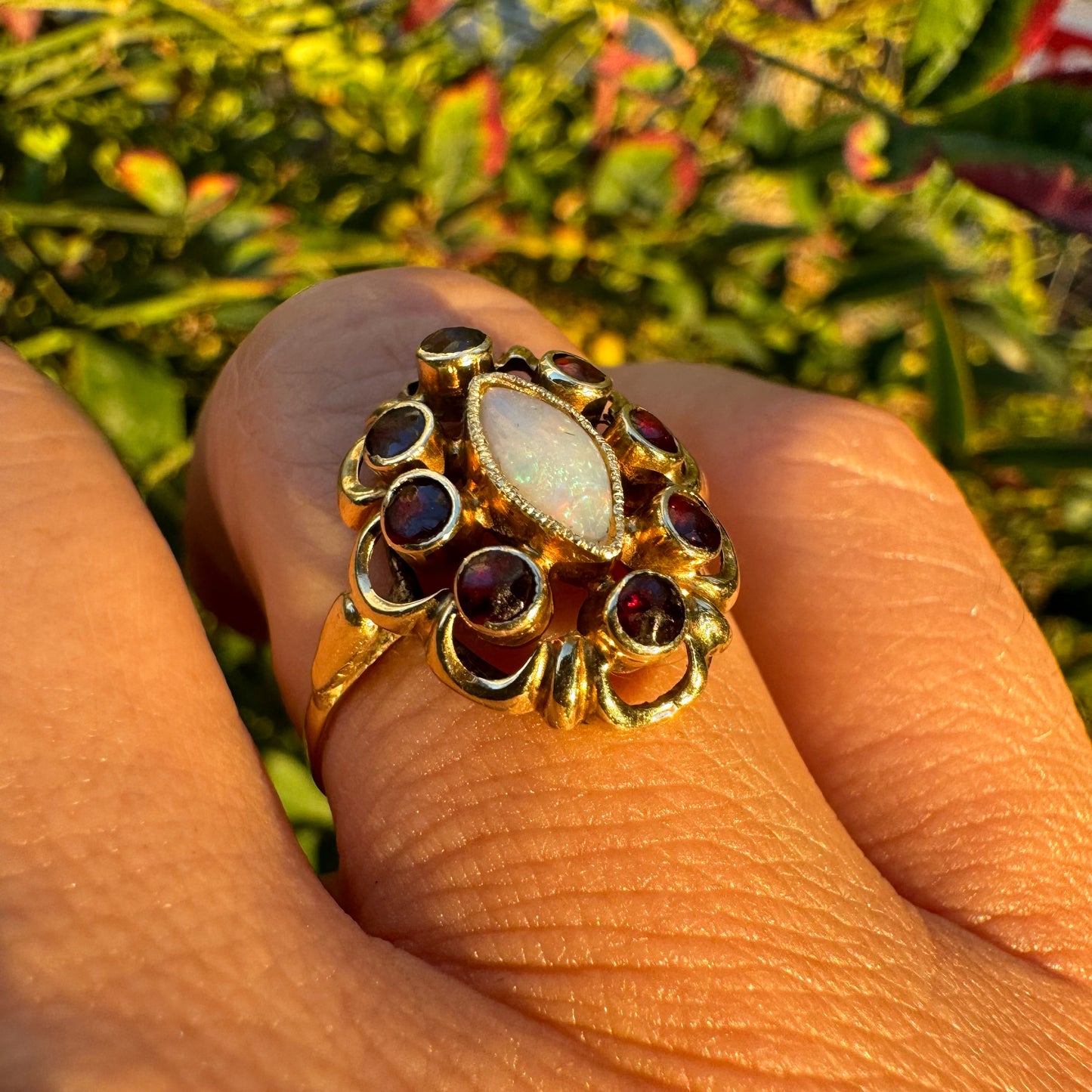 14K gold ring set with Opal & Garnets