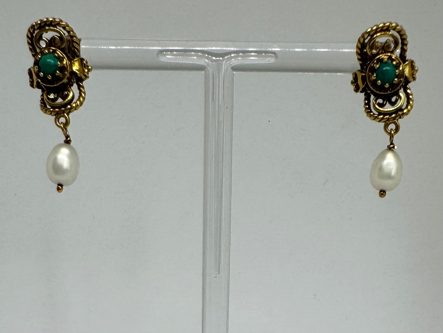 14K gold Drop Earrings set with Malachite & Pearl