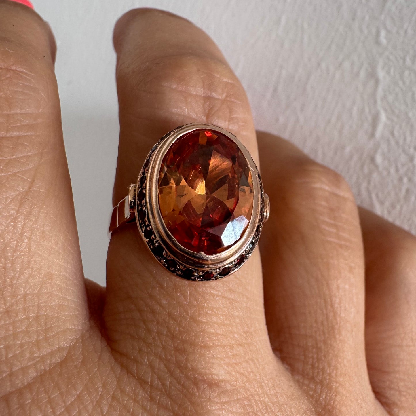14K gold ring featuring a large cognac-toned Citrine, accented with delicate Ruby stones for a touch of rich color and contrast.