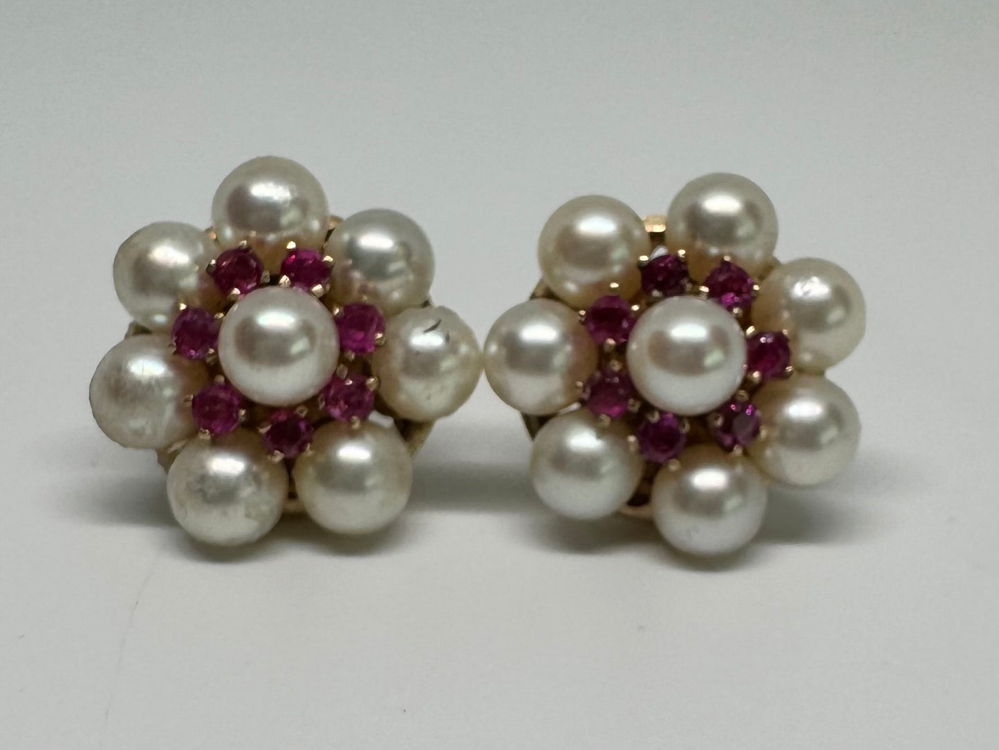 14K gold stud earrings set with Ruby & Pearls