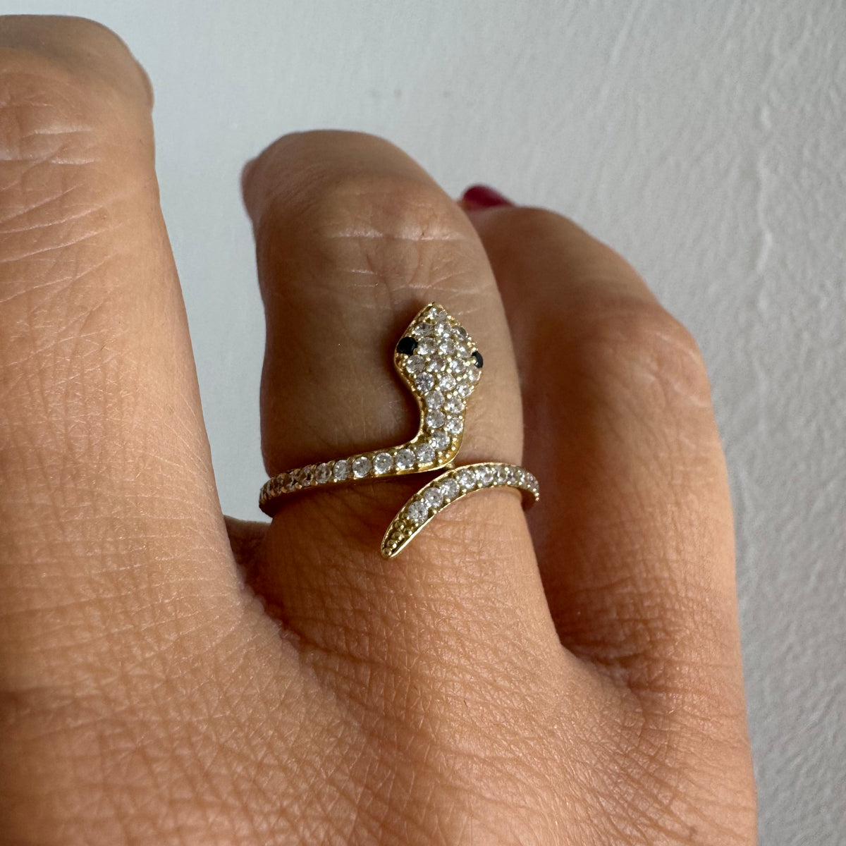 14K Gold Snake Ring with White Stones and Sapphire Eyes