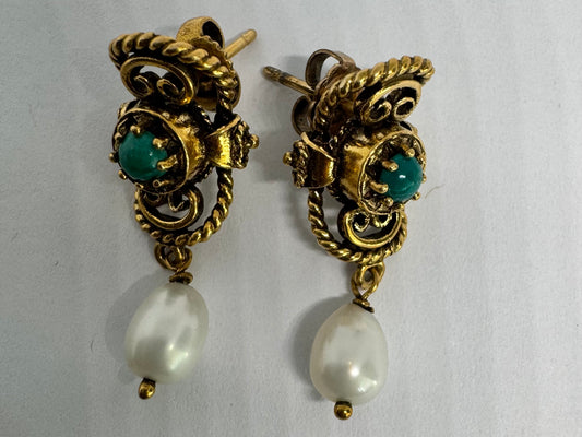 14K gold Drop Earrings set with Malachite & Pearl