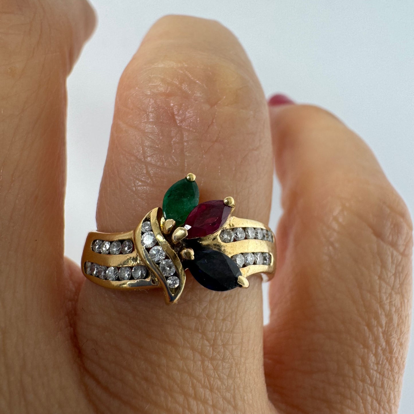 14K gold ring set with Diamonds & marquise-cut gemstones Emerald, Ruby & Sapphire