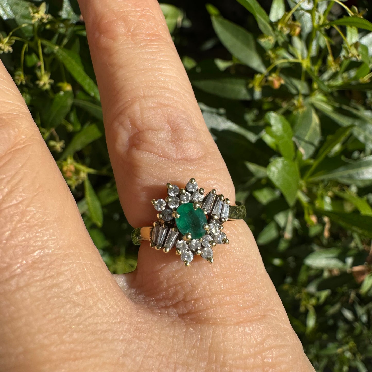 14K gold ring set with Emerald & Diamonds