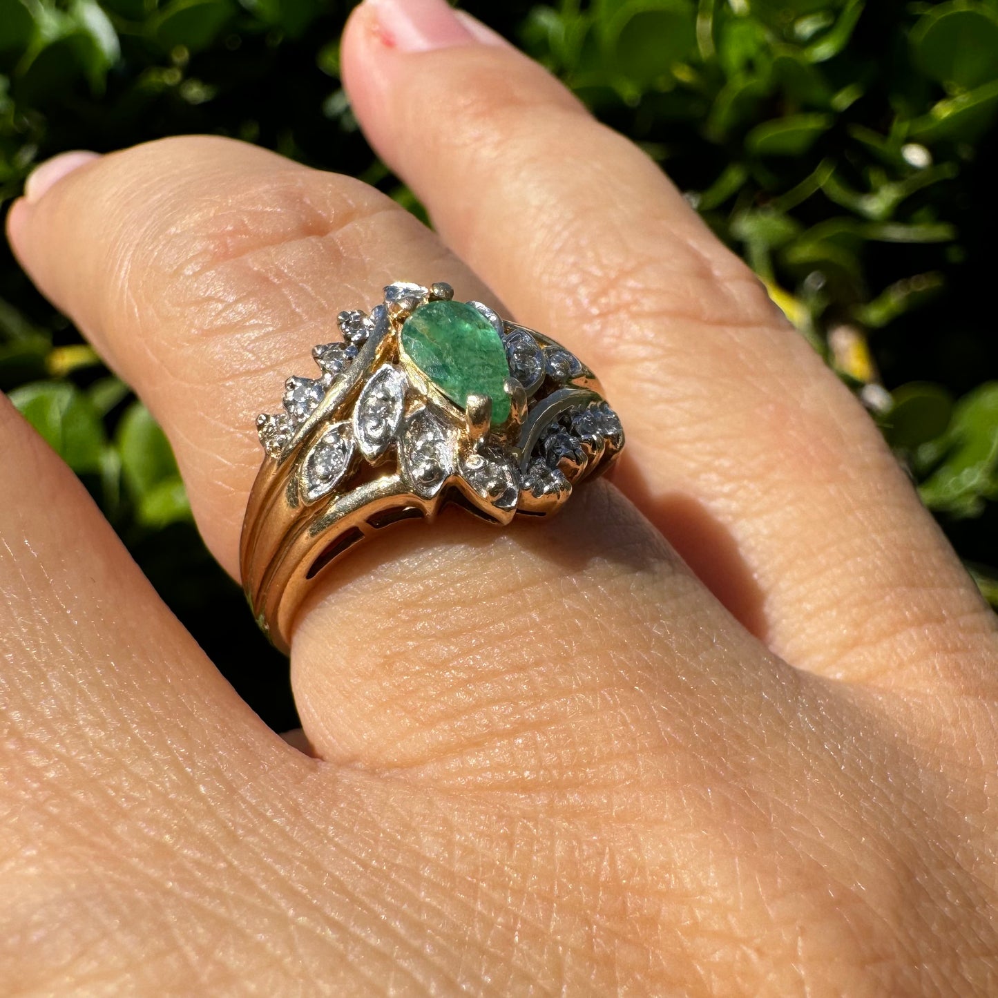 14K gold ring set with Emerald & Diamonds