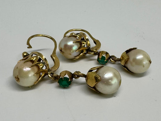 14K gold Drop Earrings set with Pearls & Emerald