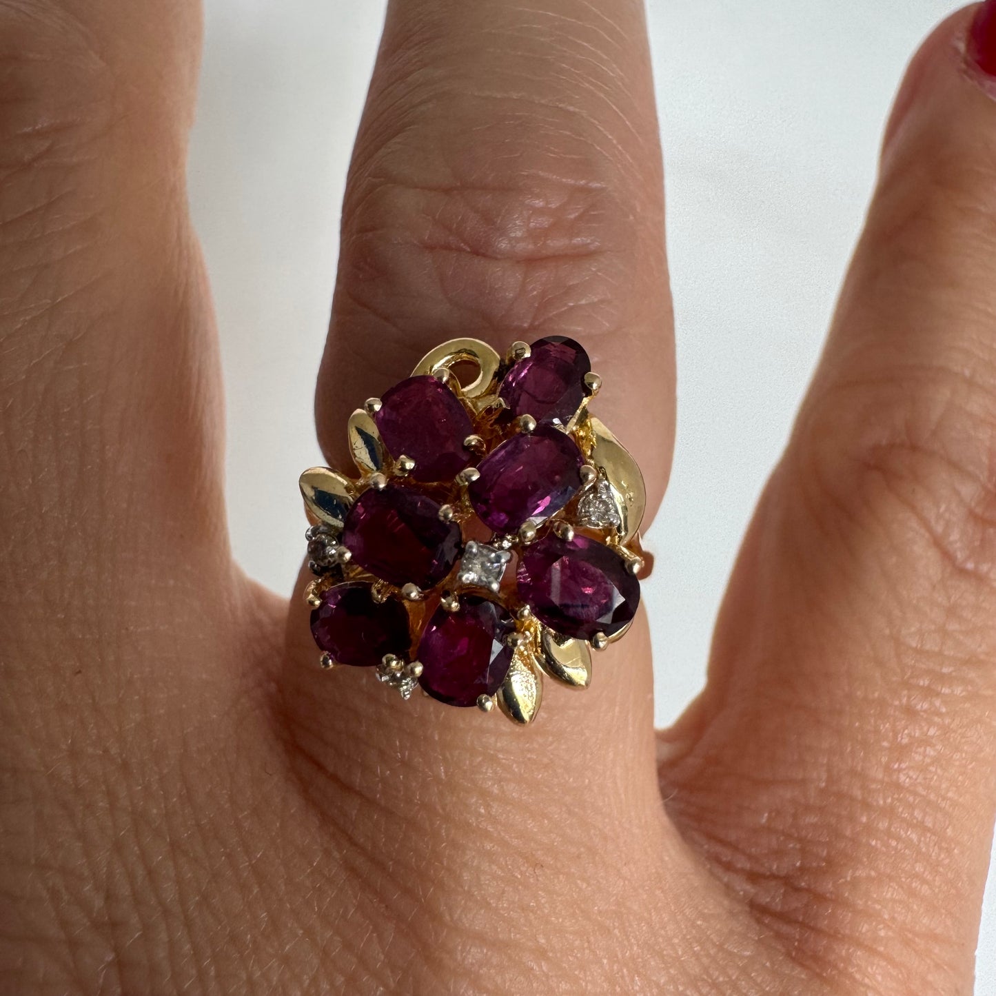 14K gold floral cluster ring set with a rich arrangement of deep pink Tourmaline & Diamonds