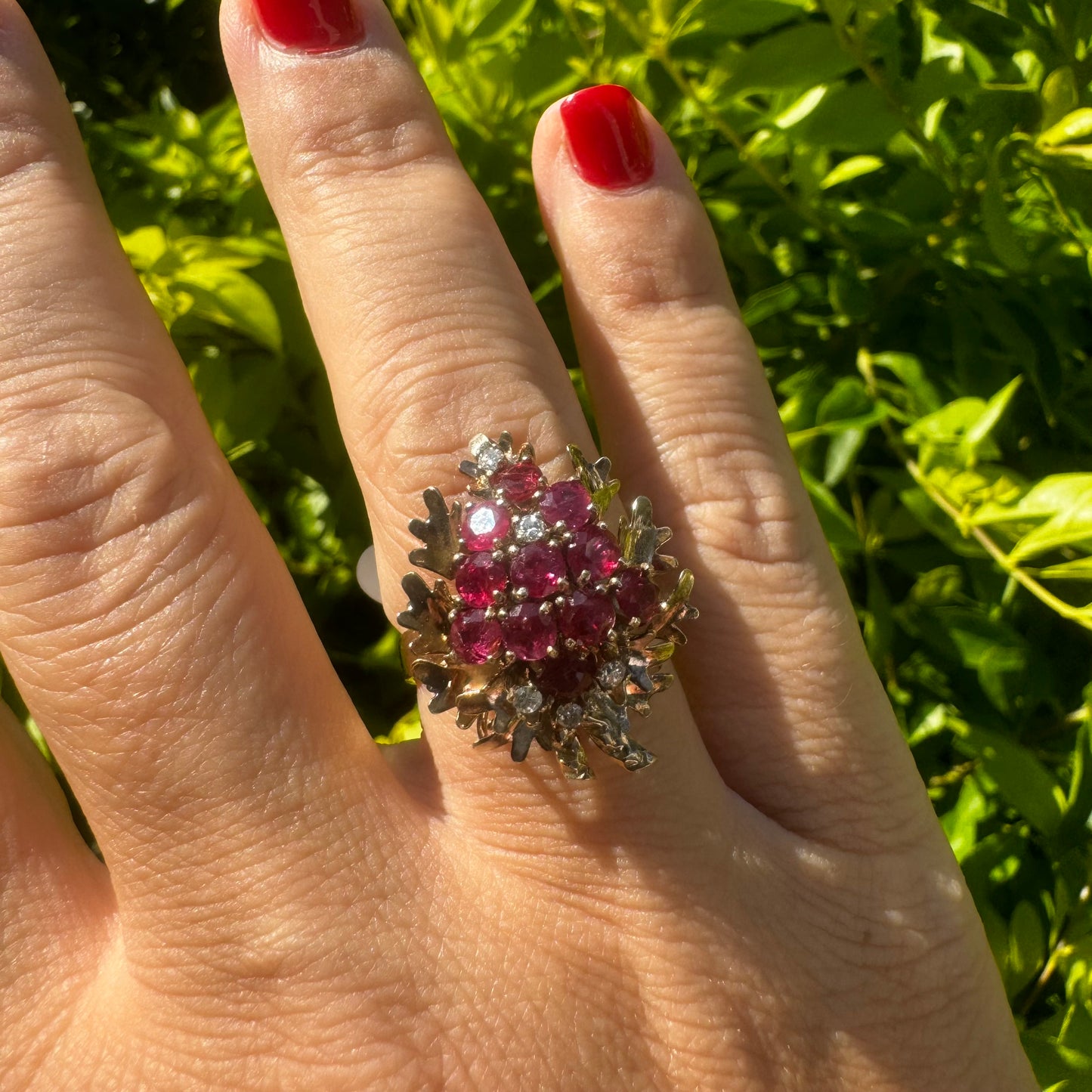 14K gold ring set with Garnet & Diamonds