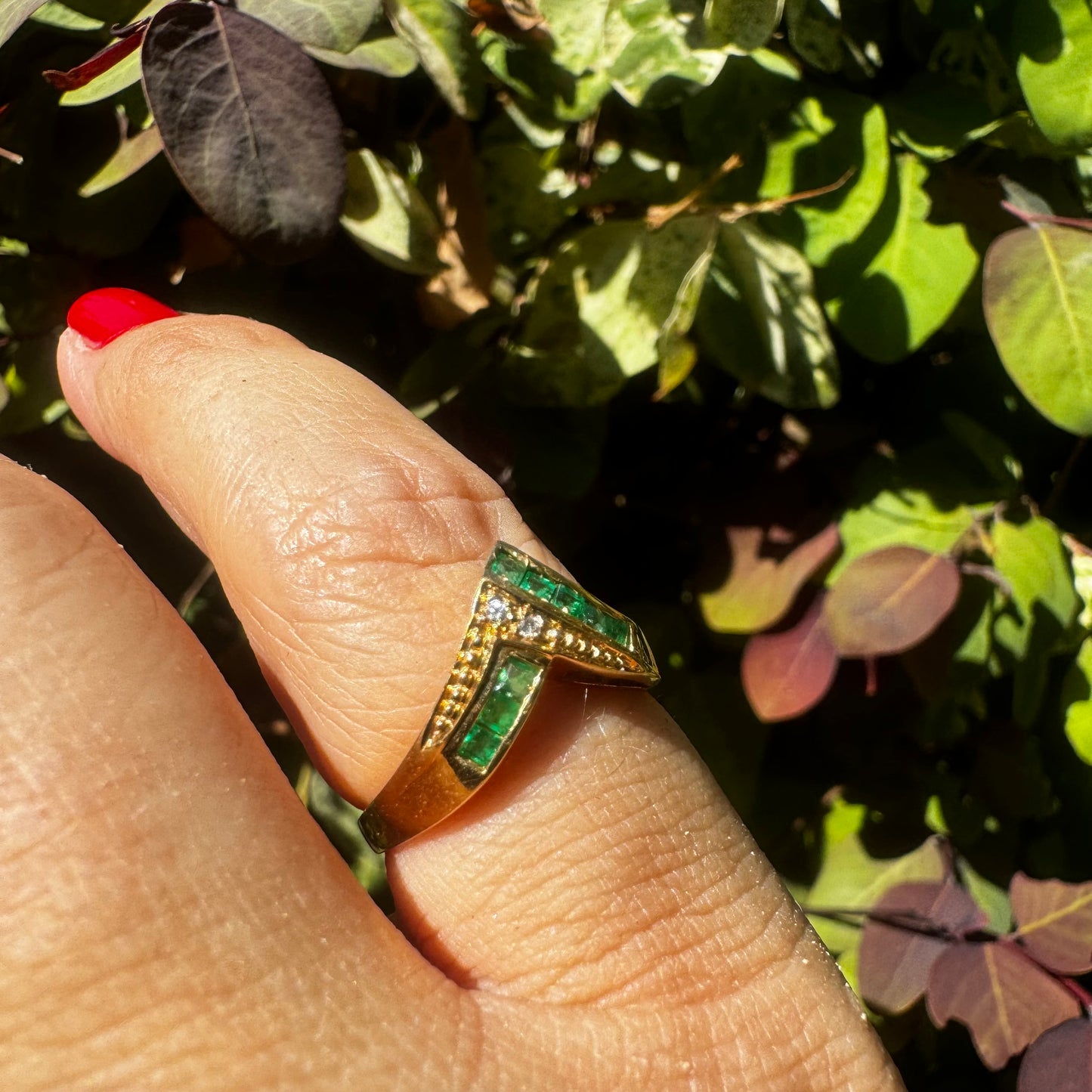 14K gold ring set with Emeralds & Diamonds