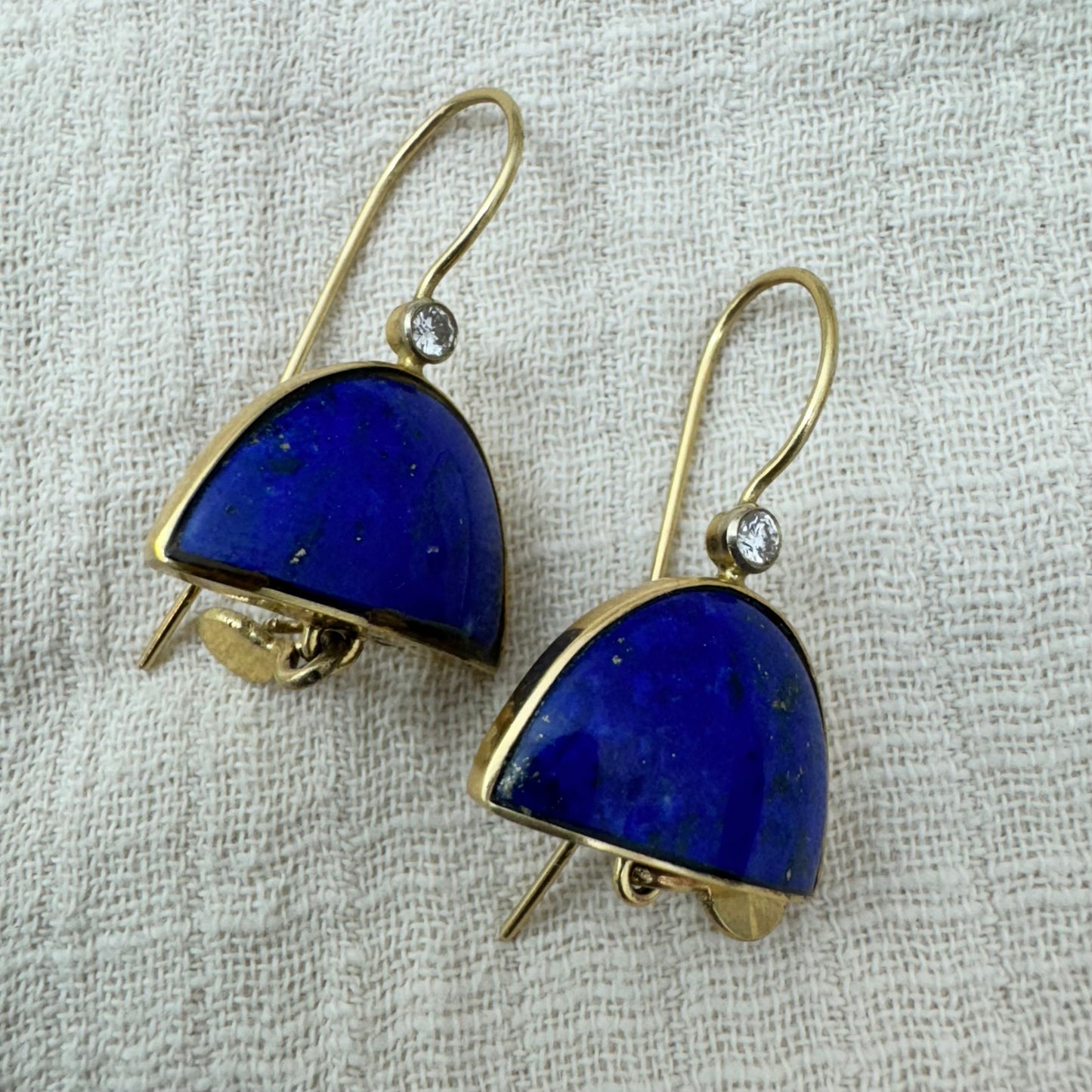 14K gold earrings set with Lapis Lazuli & Diamonds