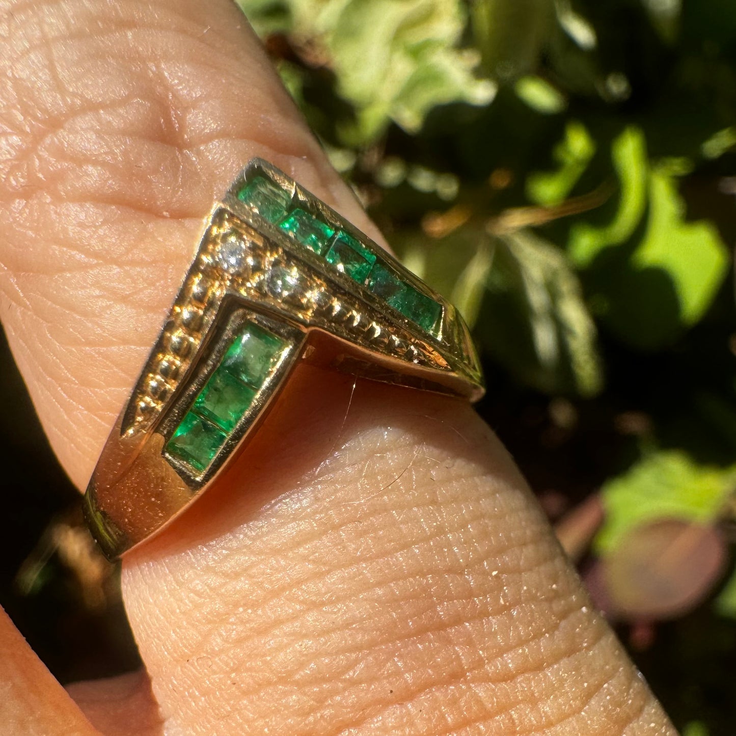 14K gold ring set with Emeralds & Diamonds