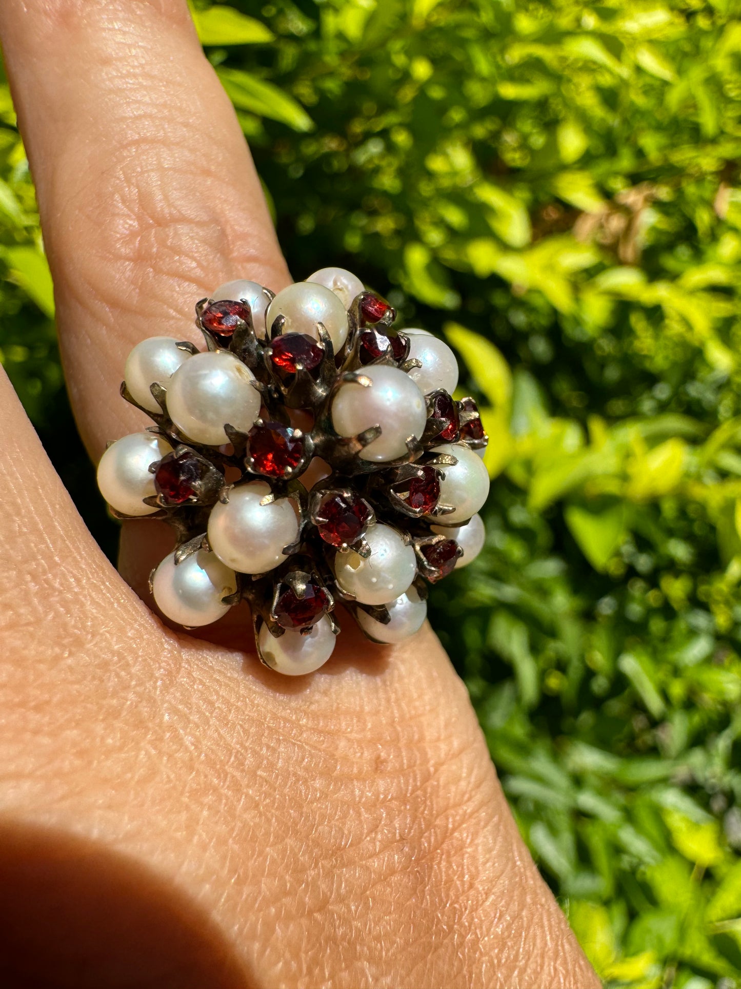 14K gold ring set with Pearl & Garnet