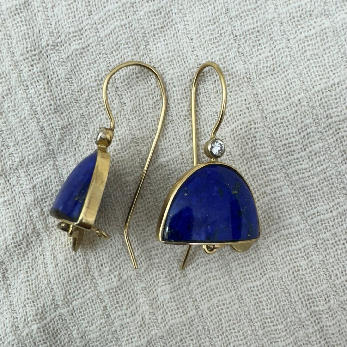 14K gold earrings set with Lapis Lazuli & Diamonds