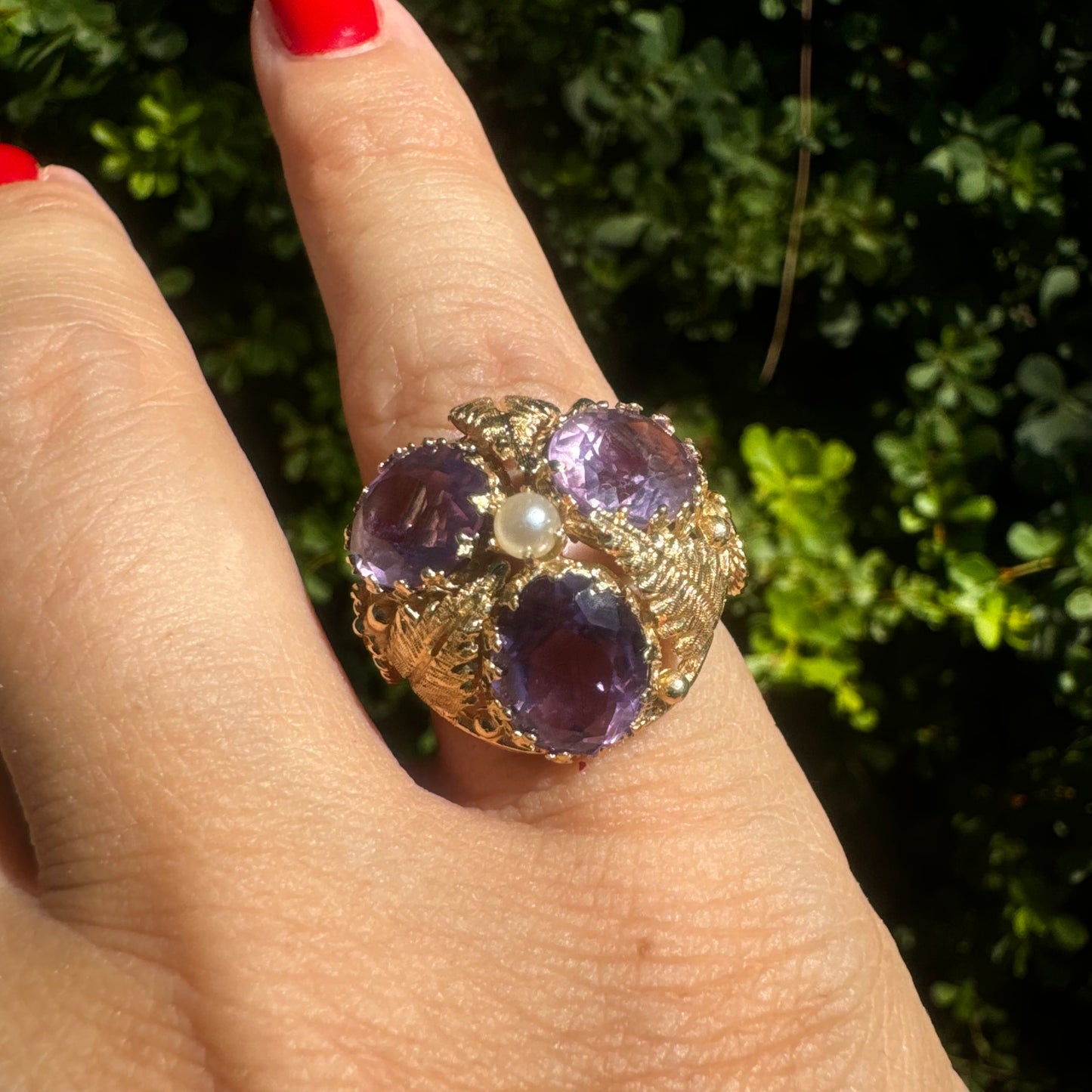 14K gold ring set with Amethyst & Pearl