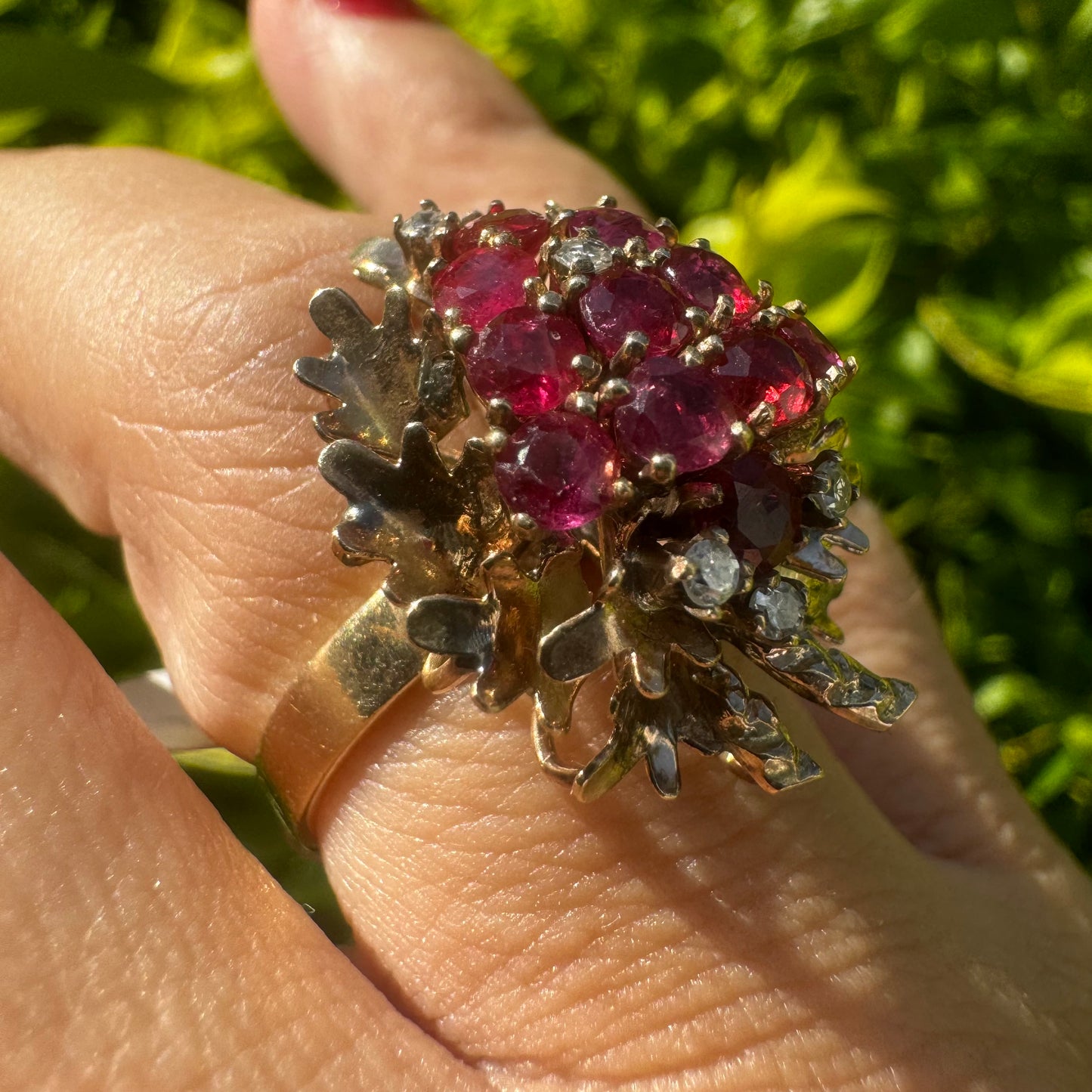 14K gold ring set with Garnet & Diamonds