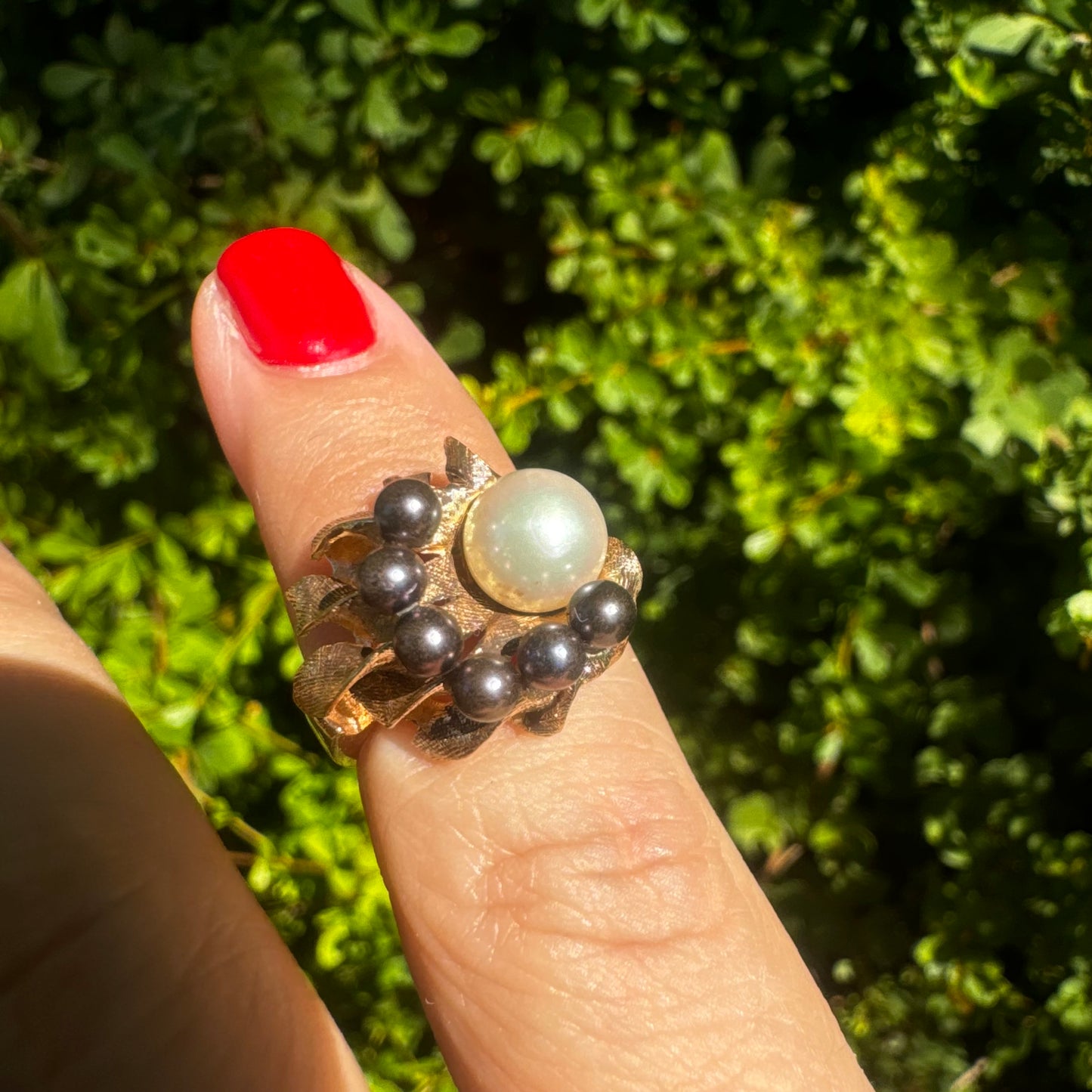 14K gold ring set with Pearl & Black Pearls