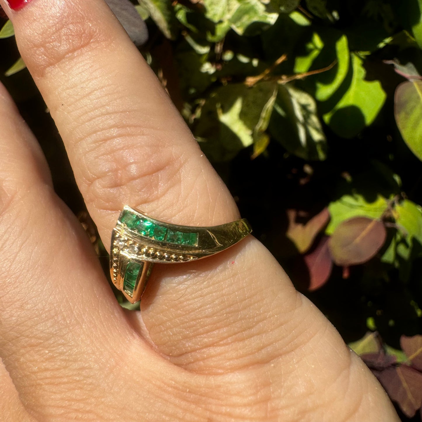 14K gold ring set with Emeralds & Diamonds