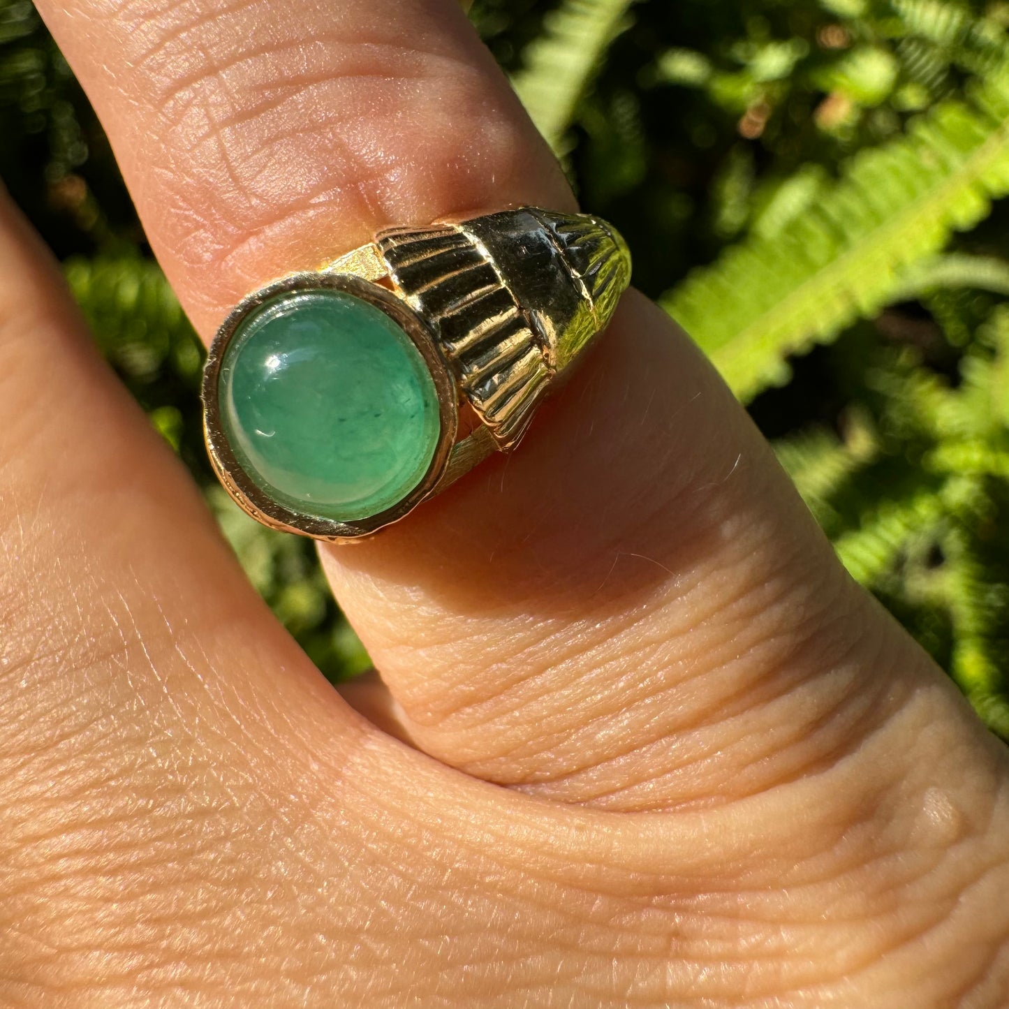 14K gold ring set with green Jade