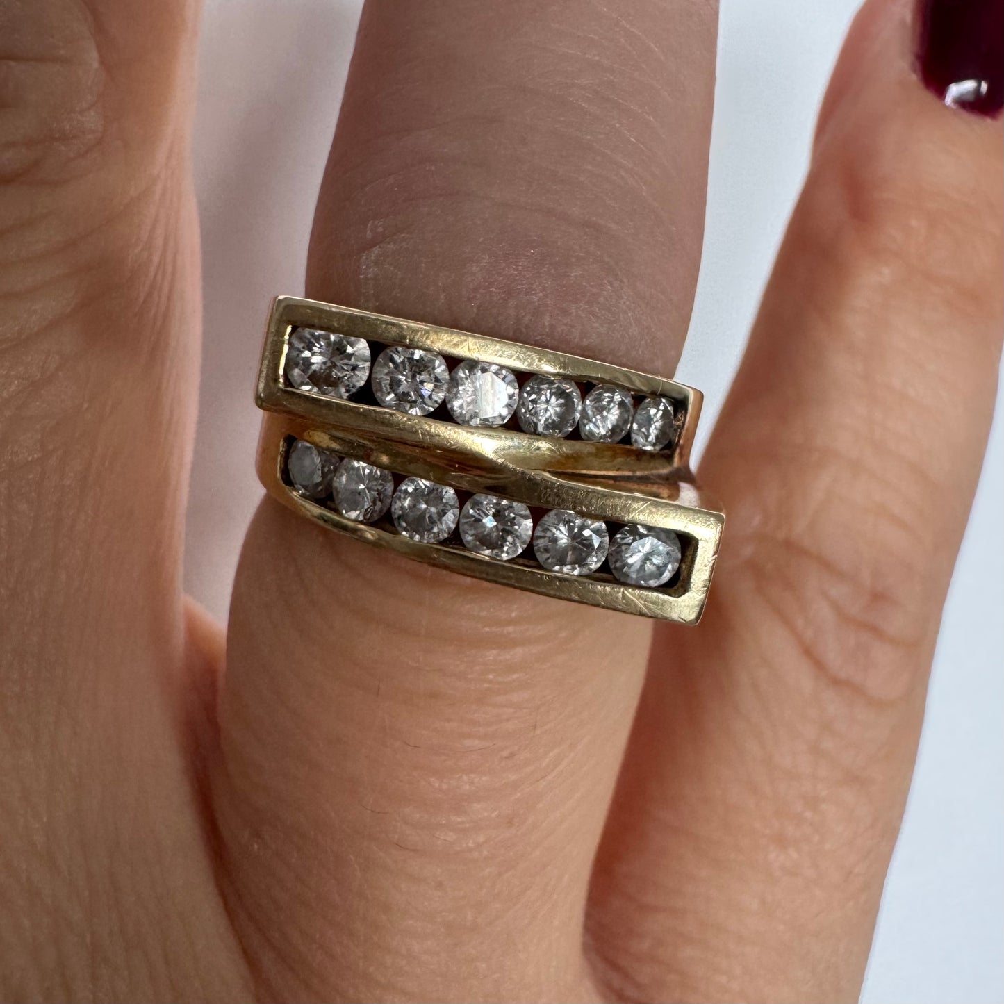 14K gold ring set with two parallel Diamond-set rows