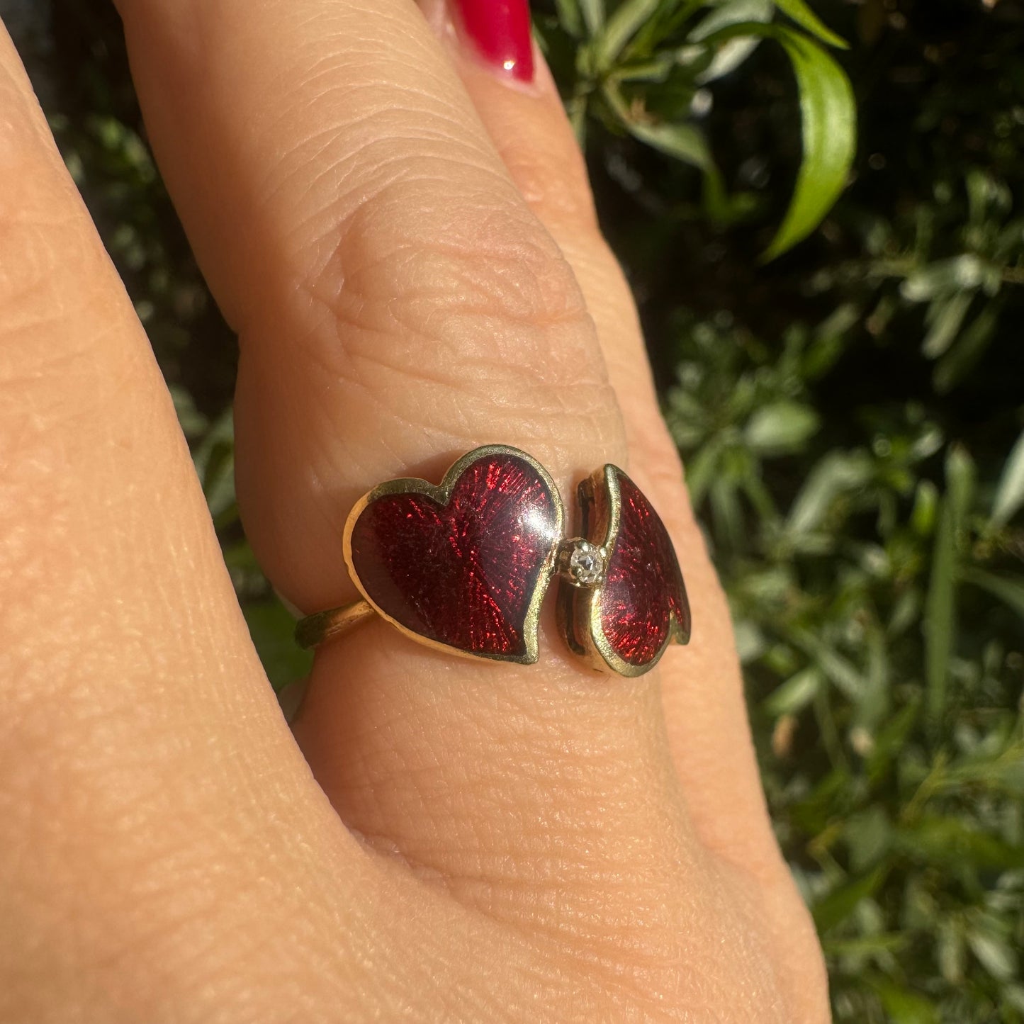 14K gold ring “Two Hearts” set with red enamel & one center Diamond