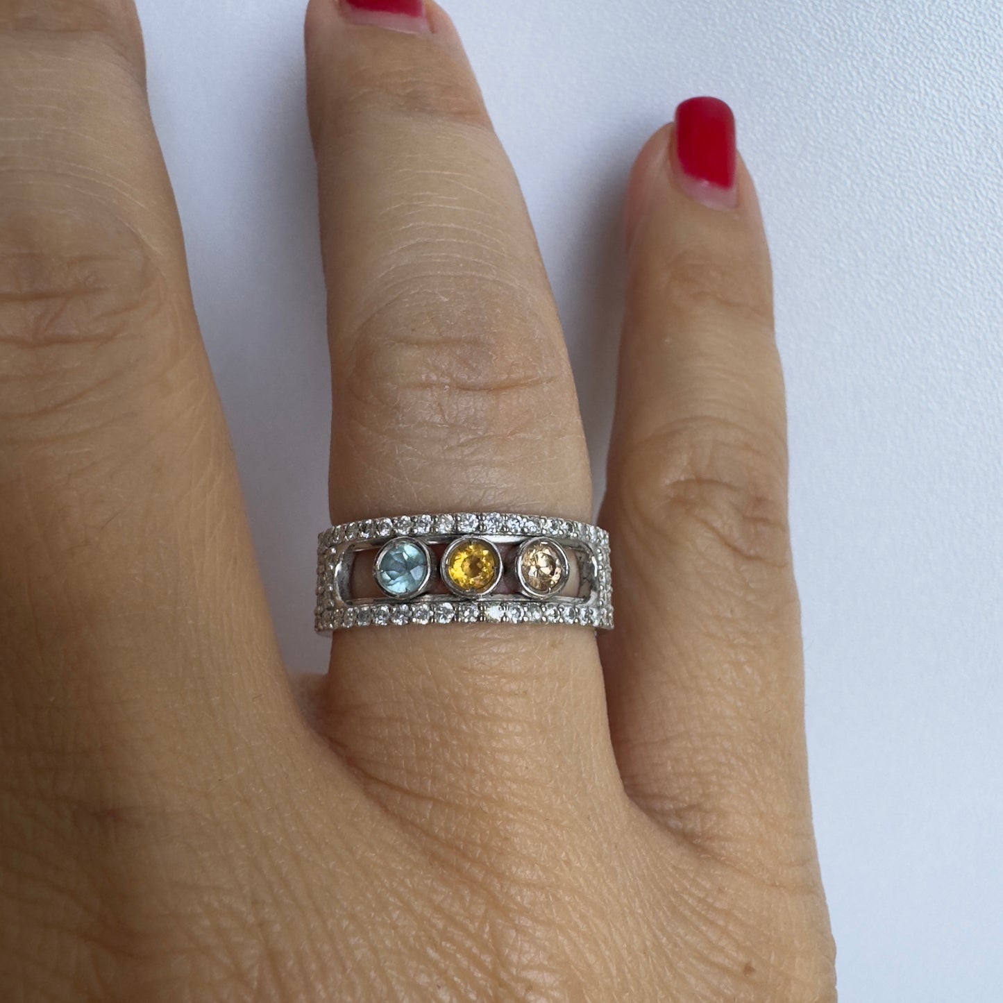 14K gold ring set with Aquamarine, Citrine and Rose Quartz, framed by a pave’ of sparkling diamonds