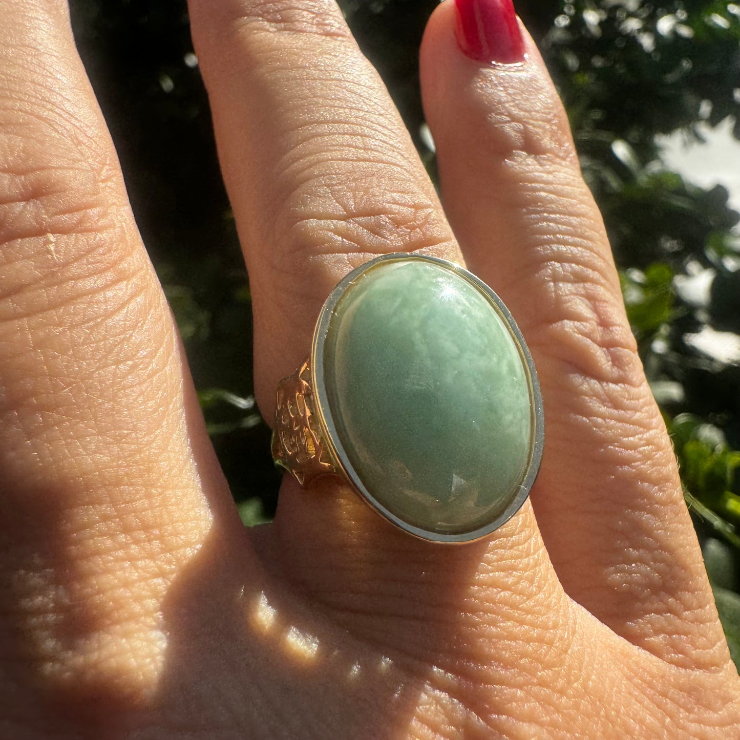 14K gold ring set with Light Green Jade