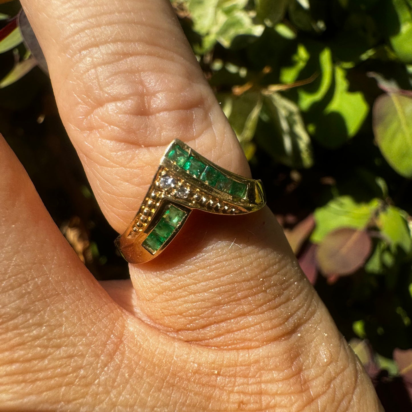 14K gold ring set with Emeralds & Diamonds