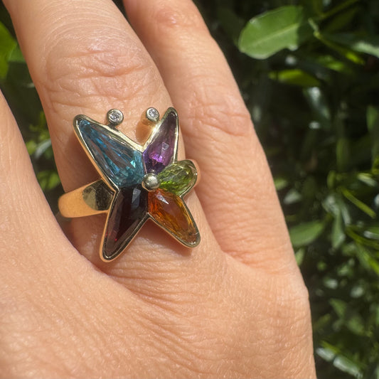 14K gold ring set with colorful gemstones in a butterfly design & Diamonds