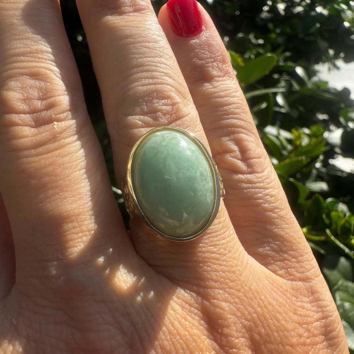 14K gold ring set with Light Green Jade