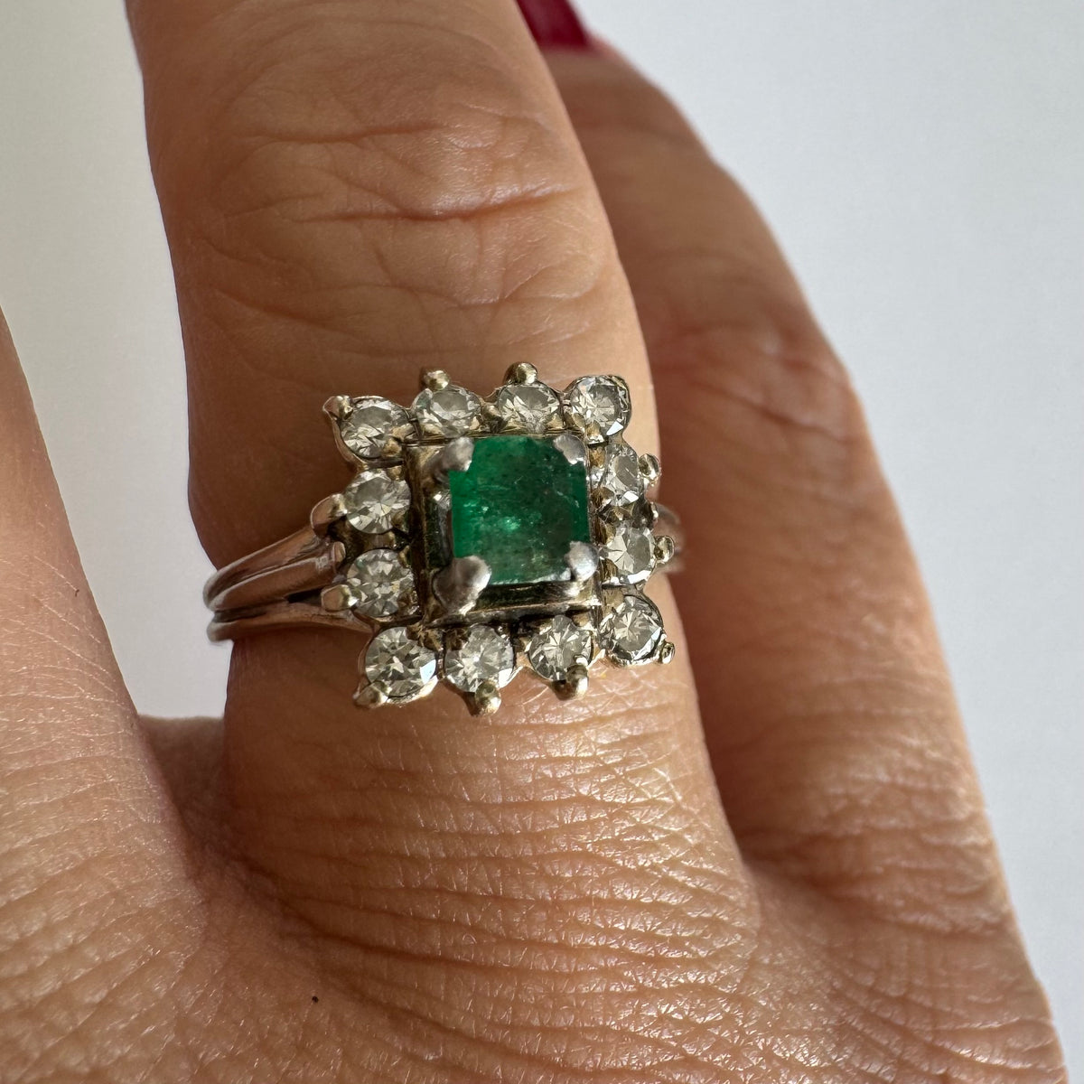 18K White Gold Emerald and Diamond Halo Ring