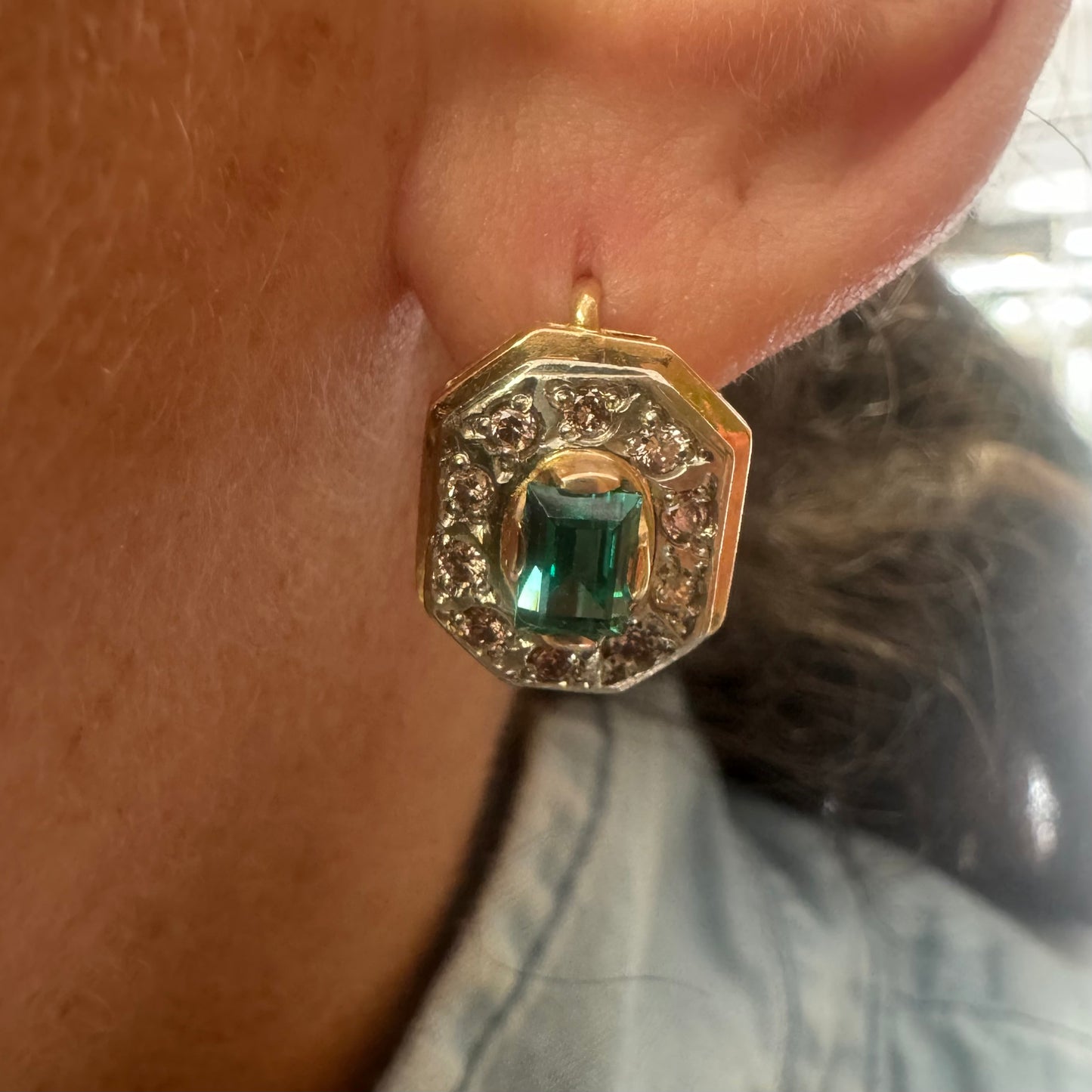 14K gold earrings set with Emerald & Diamonds