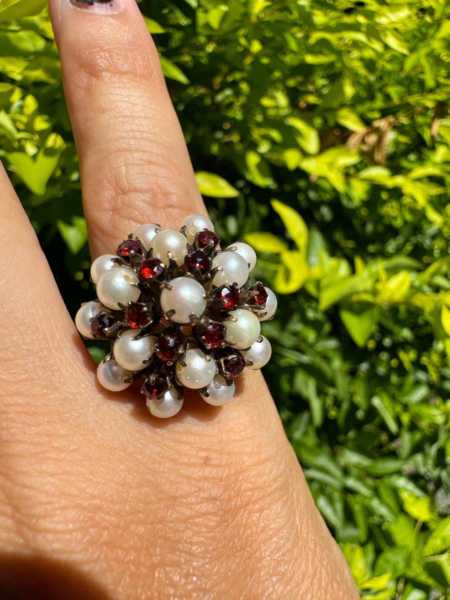 14K gold ring set with Pearl & Garnet