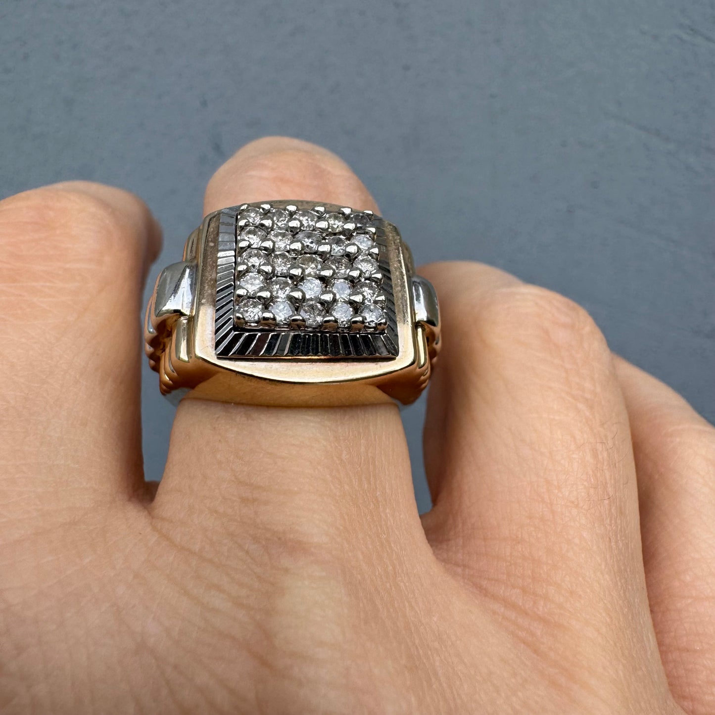 14K gold ring set with brilliant pavé diamonds in a bold square design