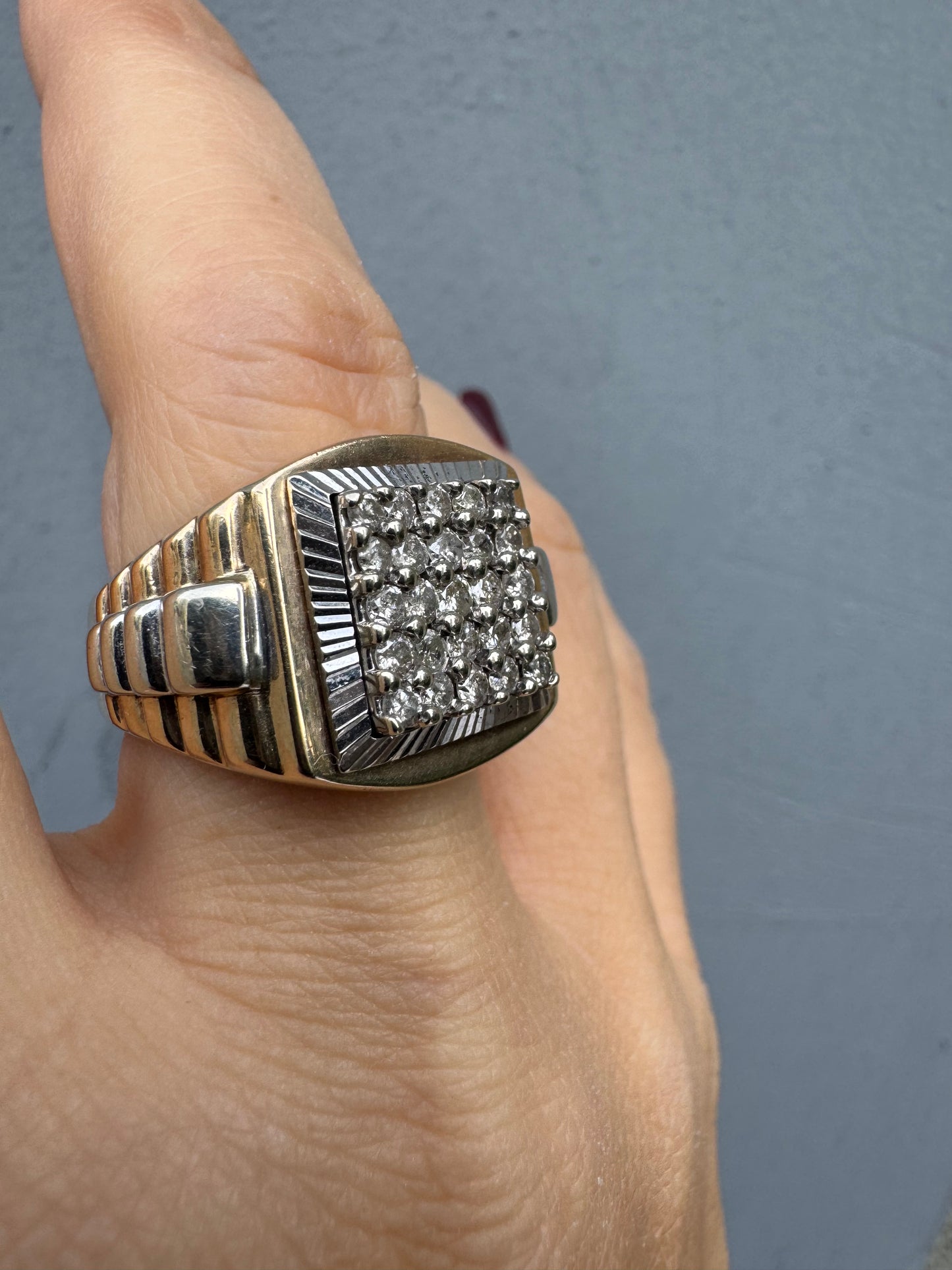 14K gold ring set with brilliant pavé diamonds in a bold square design