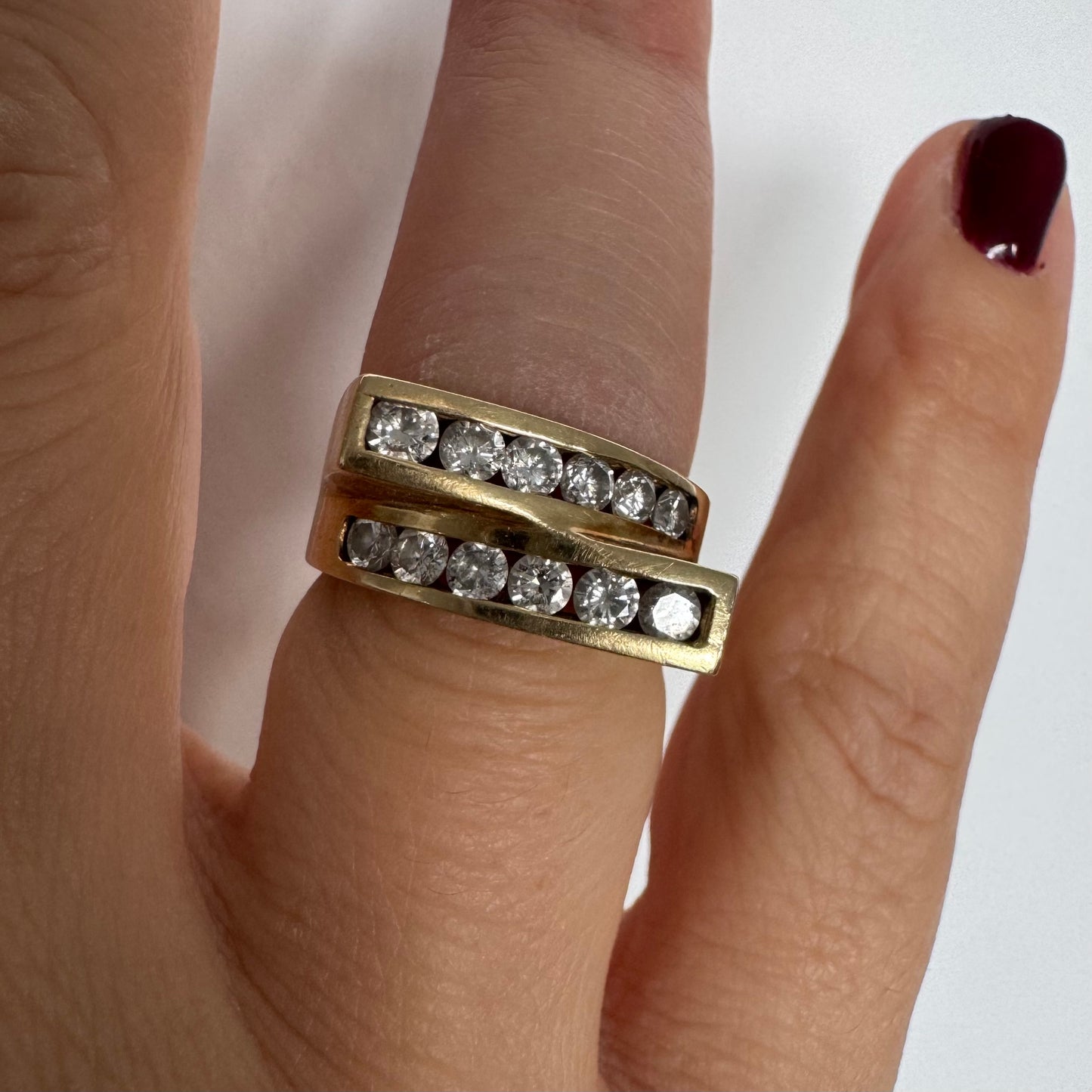 14K gold ring set with two parallel Diamond-set rows