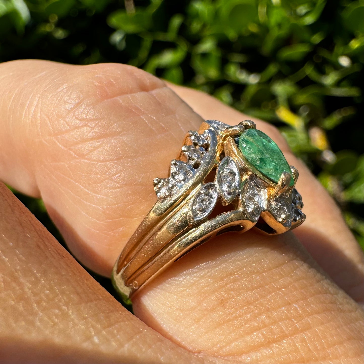 14K gold ring set with Emerald & Diamonds