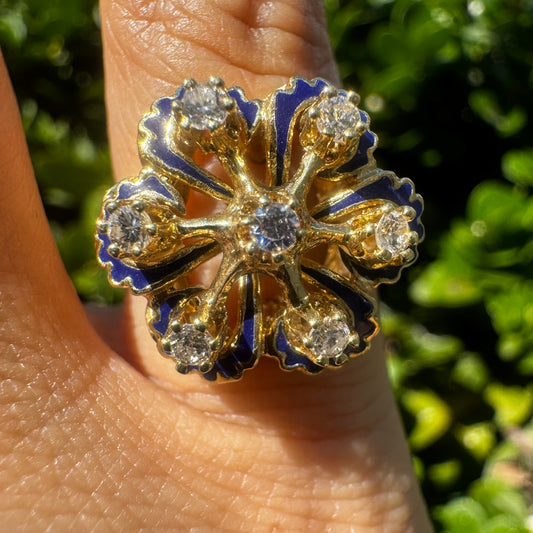 14K gold ring set with Diamonds & Blue Enamel