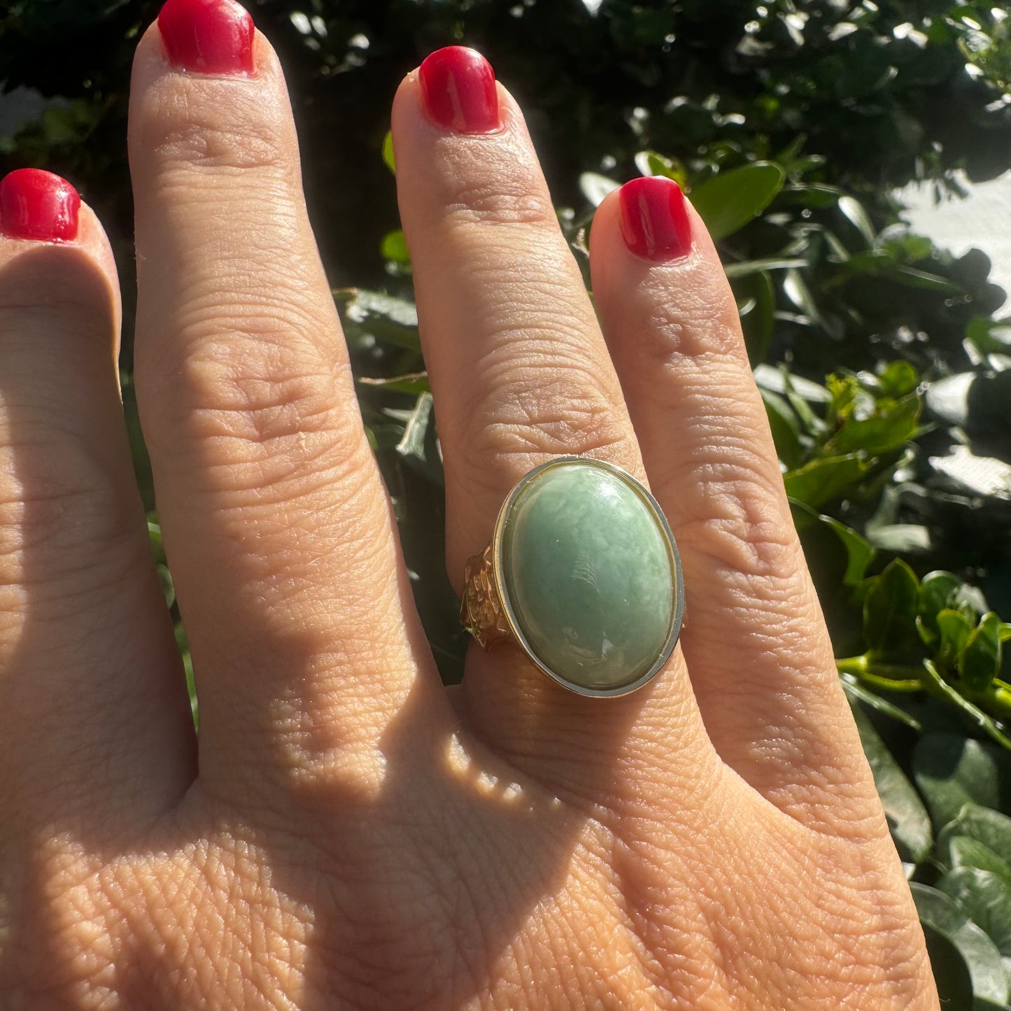 14K gold ring set with Light Green Jade