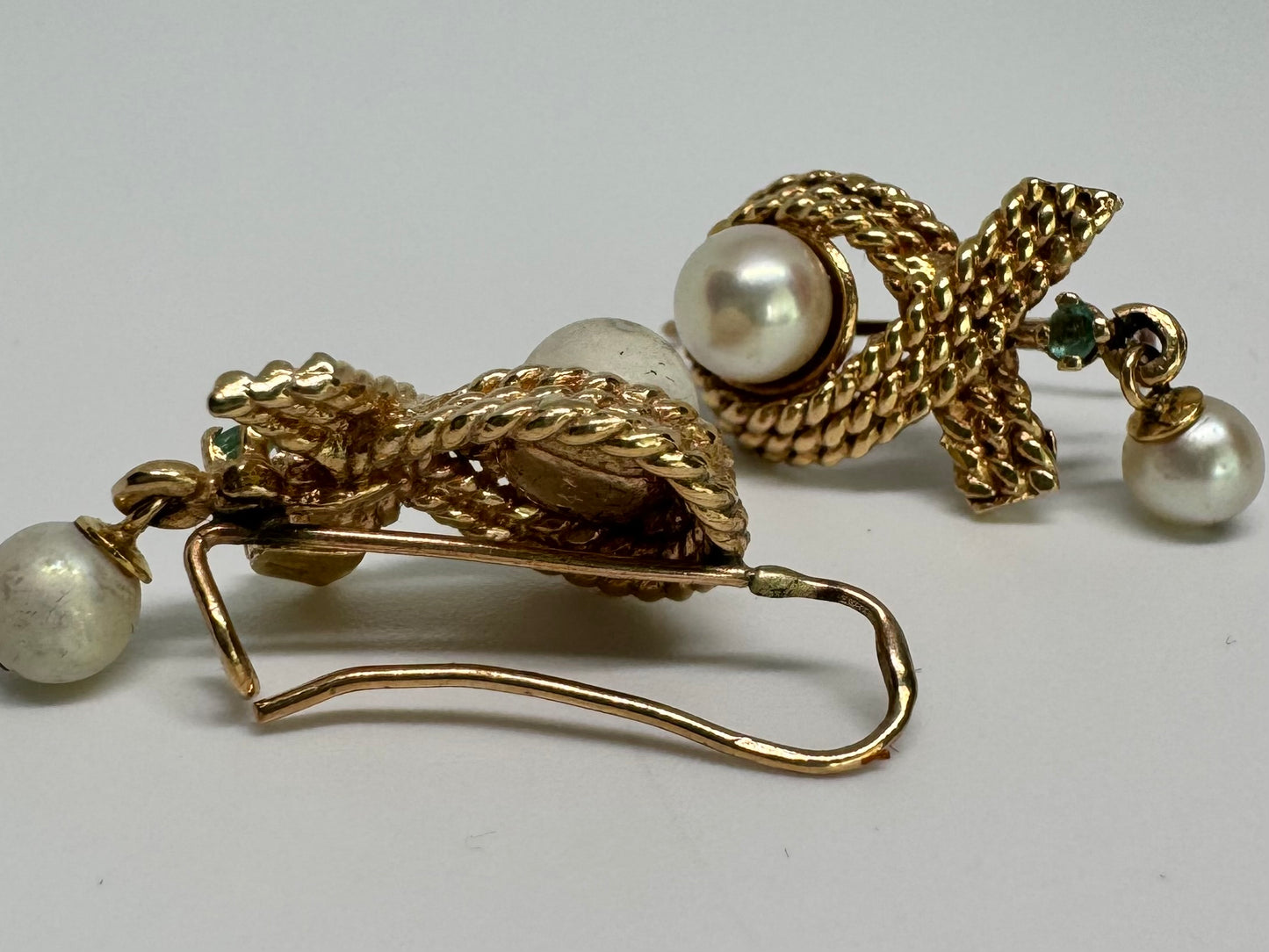 14K gold Drop Earrings set with Pearl & Emerald