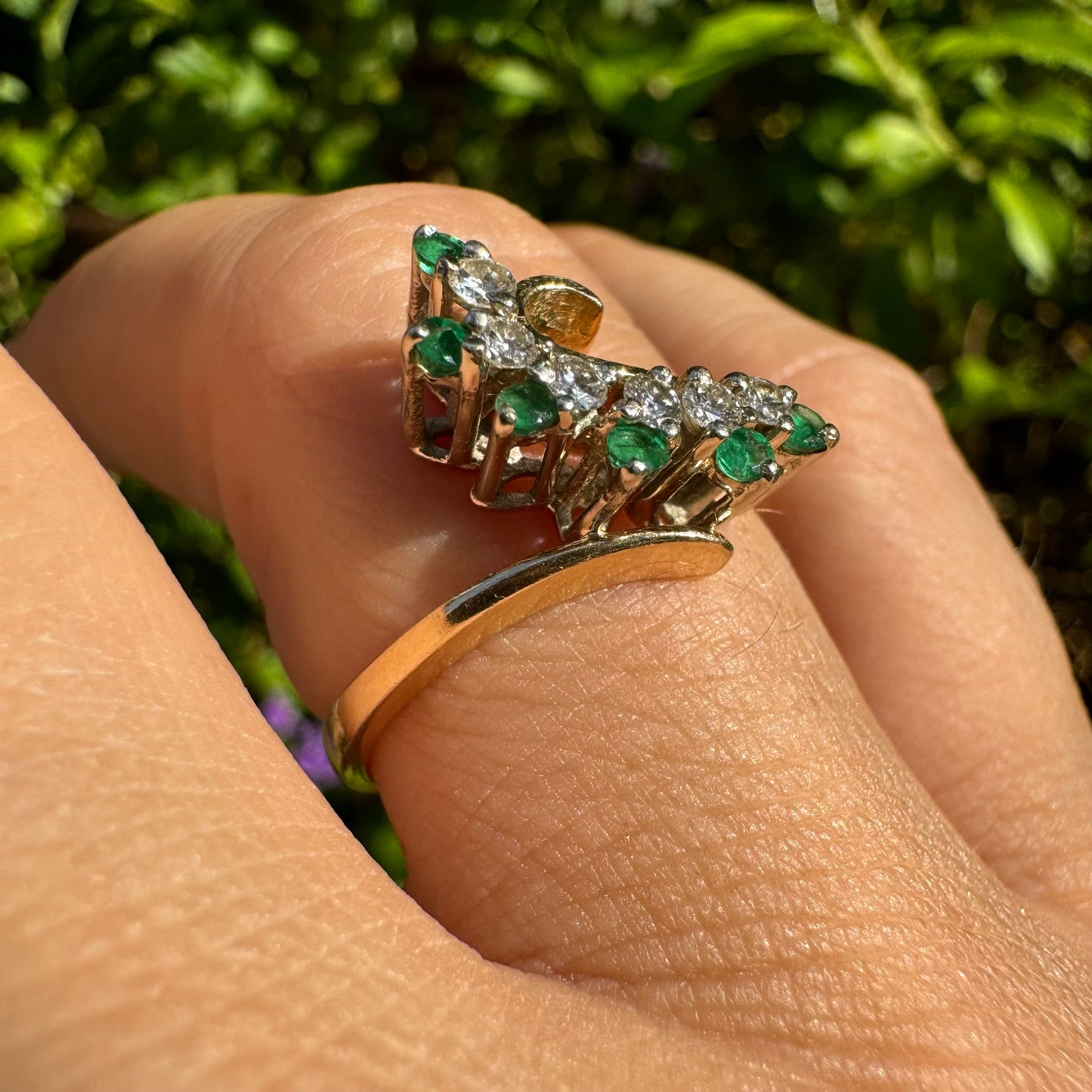 14K gold ring set with Emerald & Diamonds