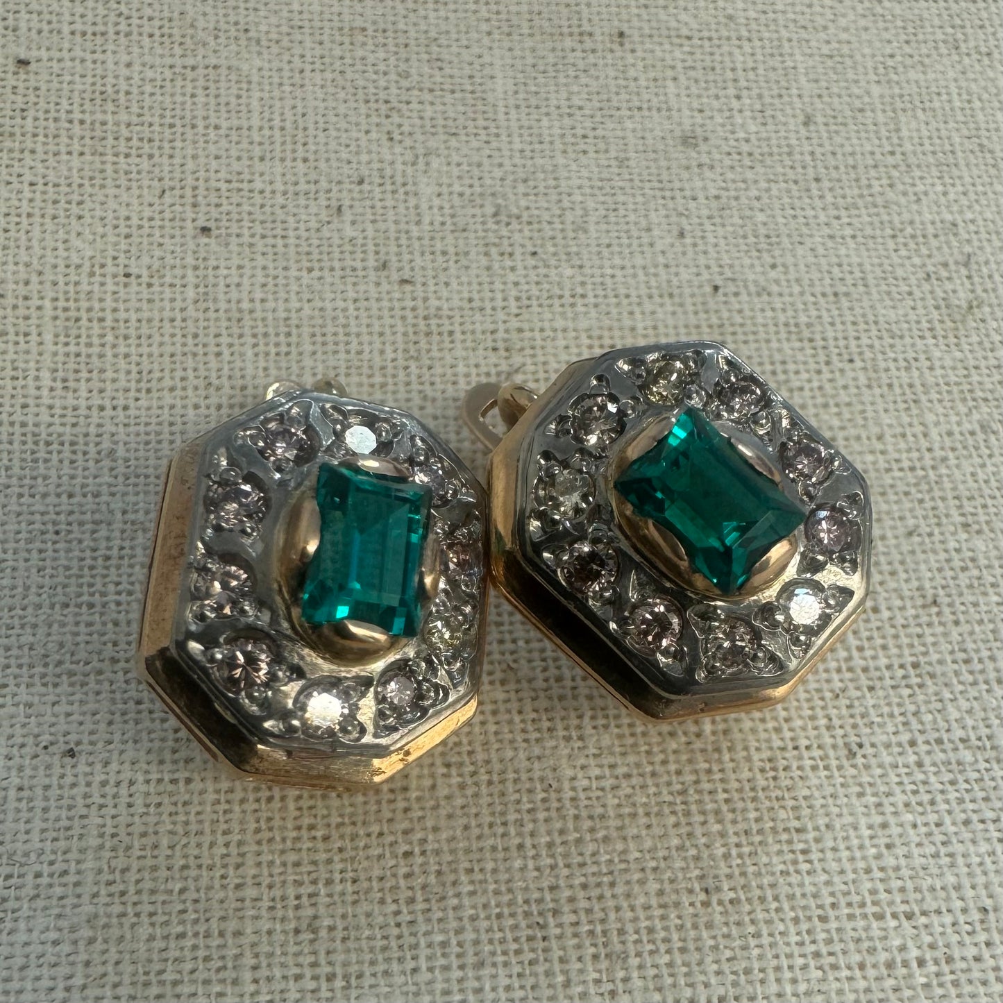 14K gold earrings set with Emerald & Diamonds