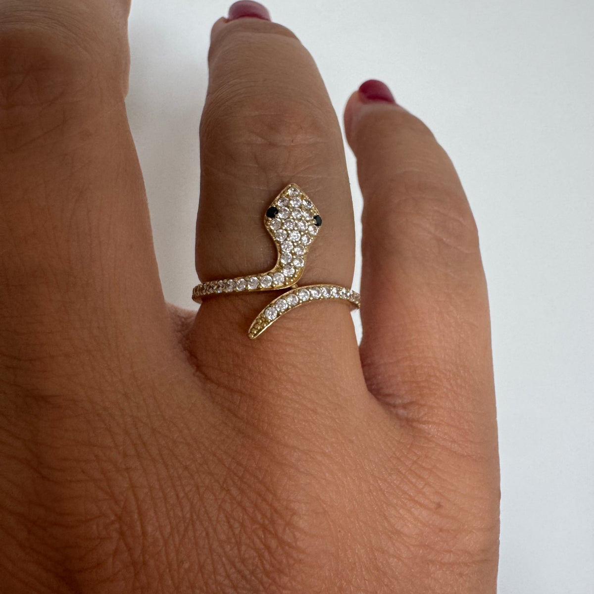 14K Gold Snake Ring with White Stones and Sapphire Eyes