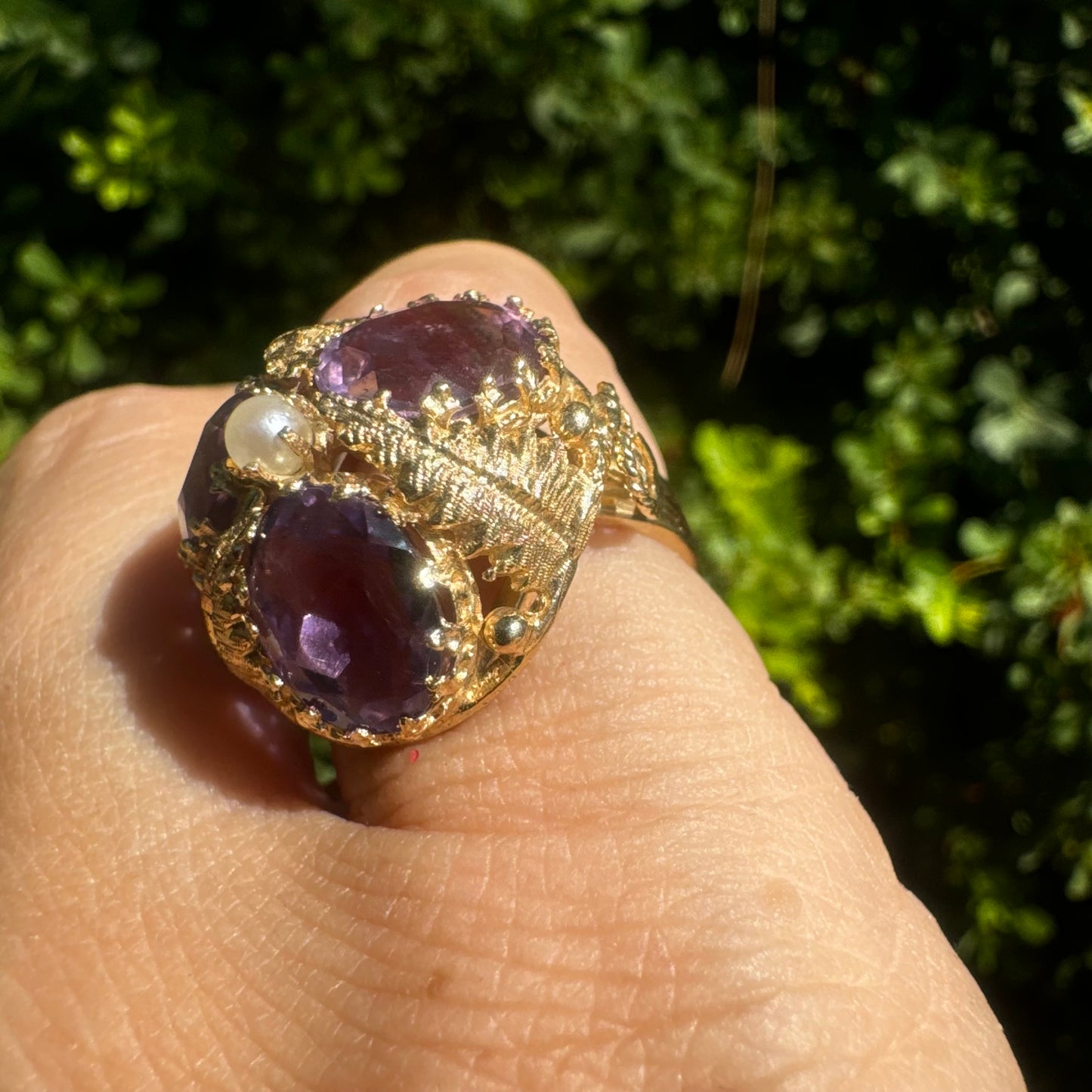 14K gold ring set with Amethyst & Pearl