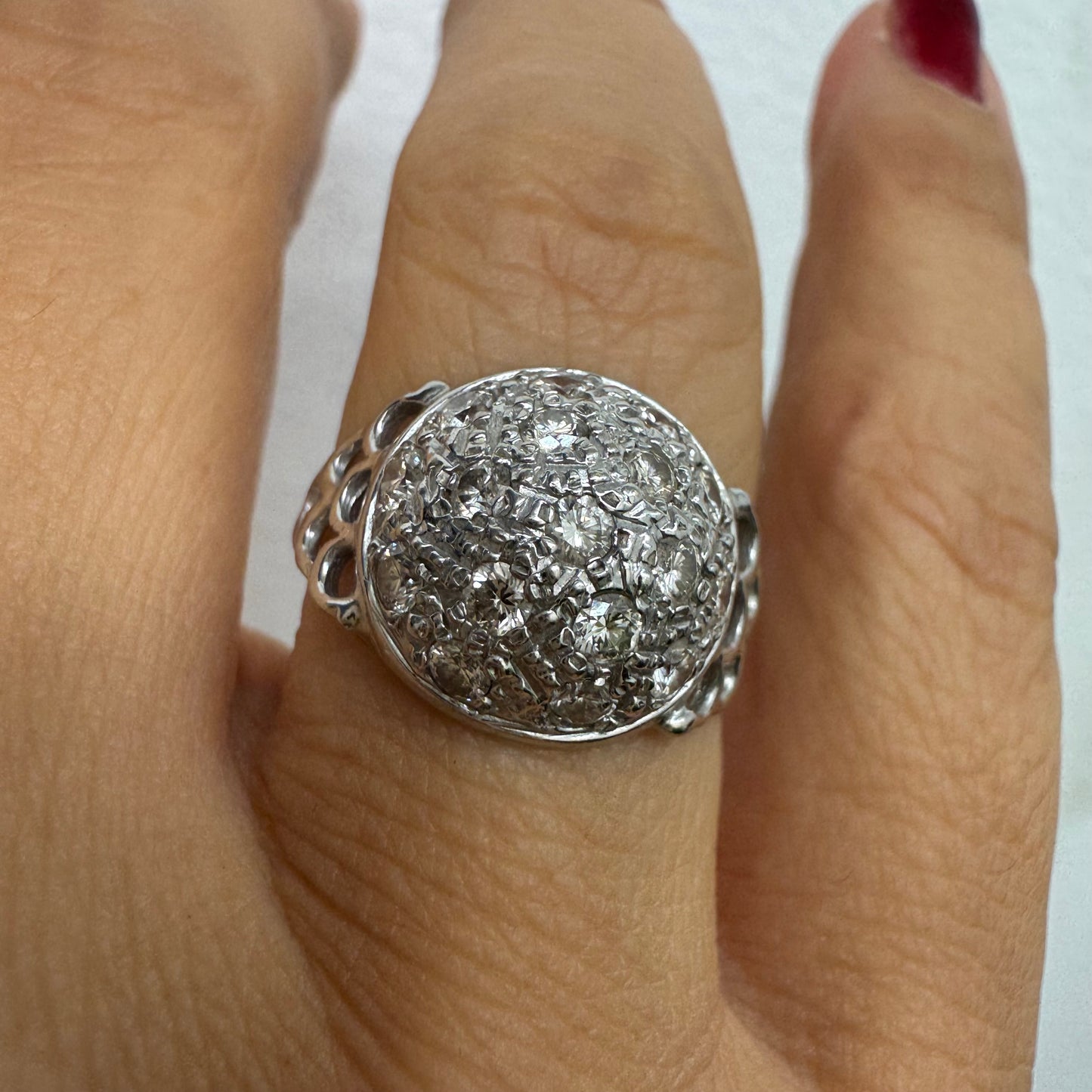 14k white gold ring featuring a domed pavé-style setting covered in sparkling Diamonds