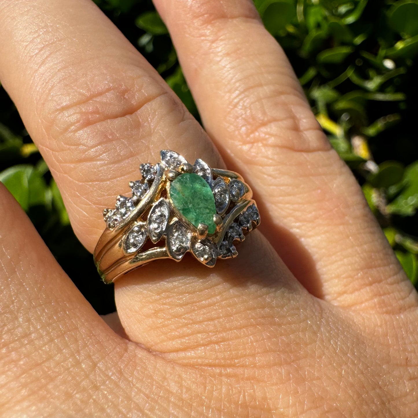 14K gold ring set with Emerald & Diamonds