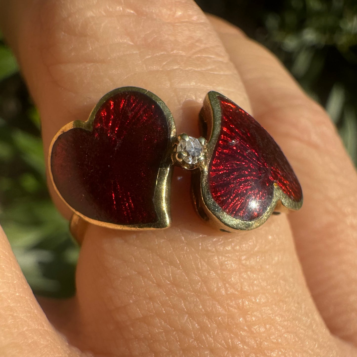 14K gold ring “Two Hearts” set with red enamel & one center Diamond