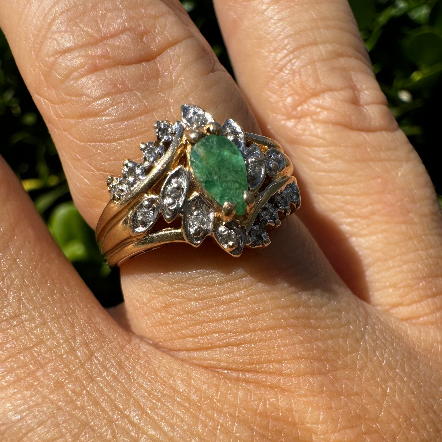 14K gold ring set with Emerald & Diamonds