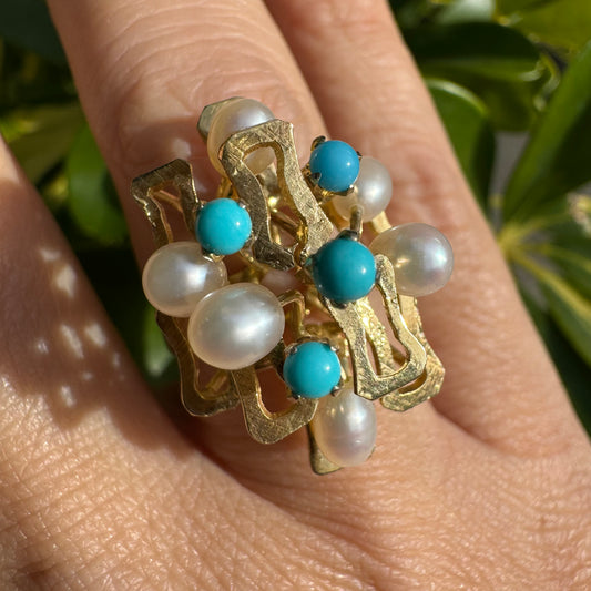 14K gold ring set with Turquoise & Pearls