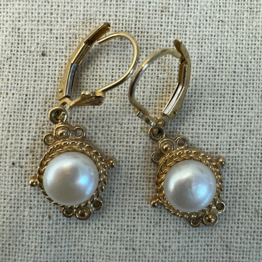 14K gold Drop Earrings set with Pearl