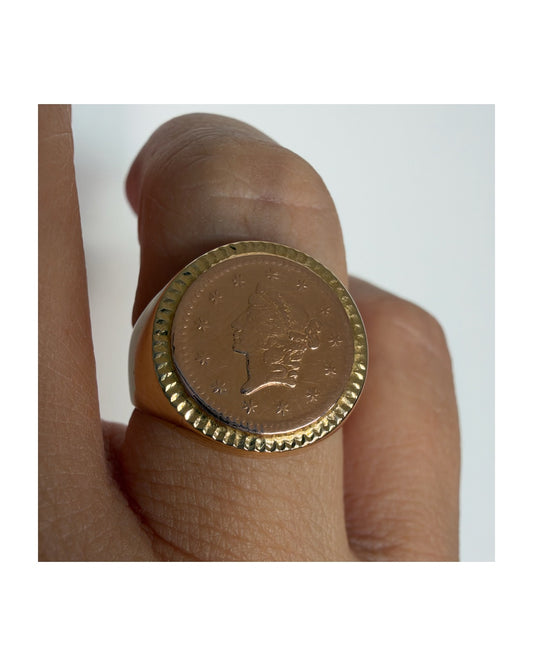 18K yellow gold vintage coin ring with an authentic 22K gold coin at the center